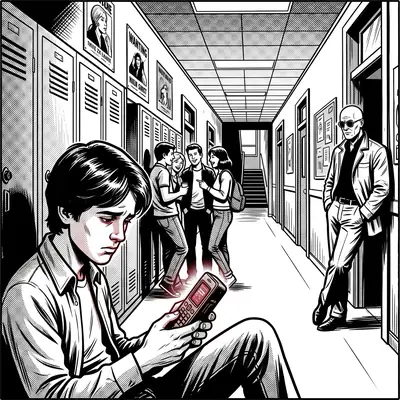 Ragazzo triste guarda il telefono nel corridoio della scuola mentre altri ridono, l'investigatore osserva: bullismo e cyberbullismo